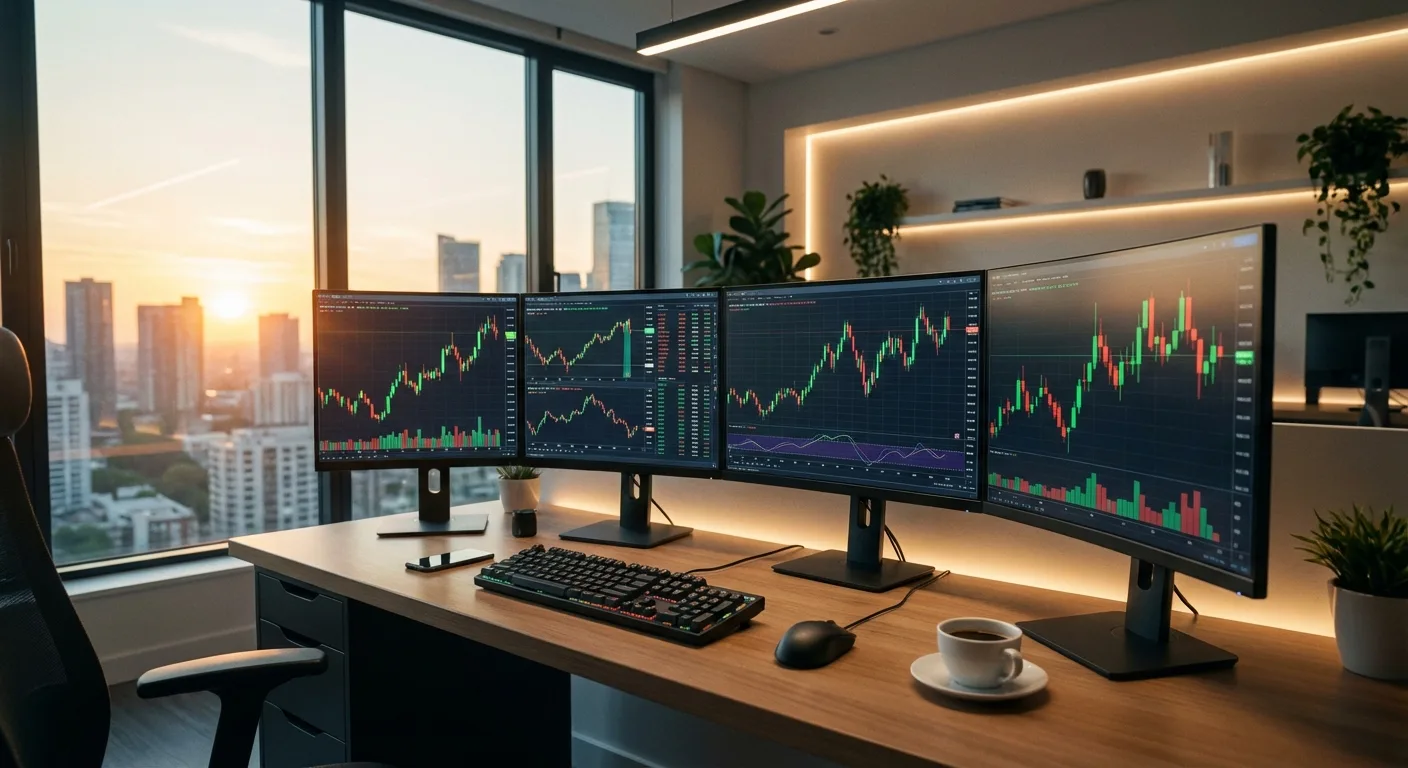 A modern office with multiple monitors displaying stock charts and a city view at sunset.