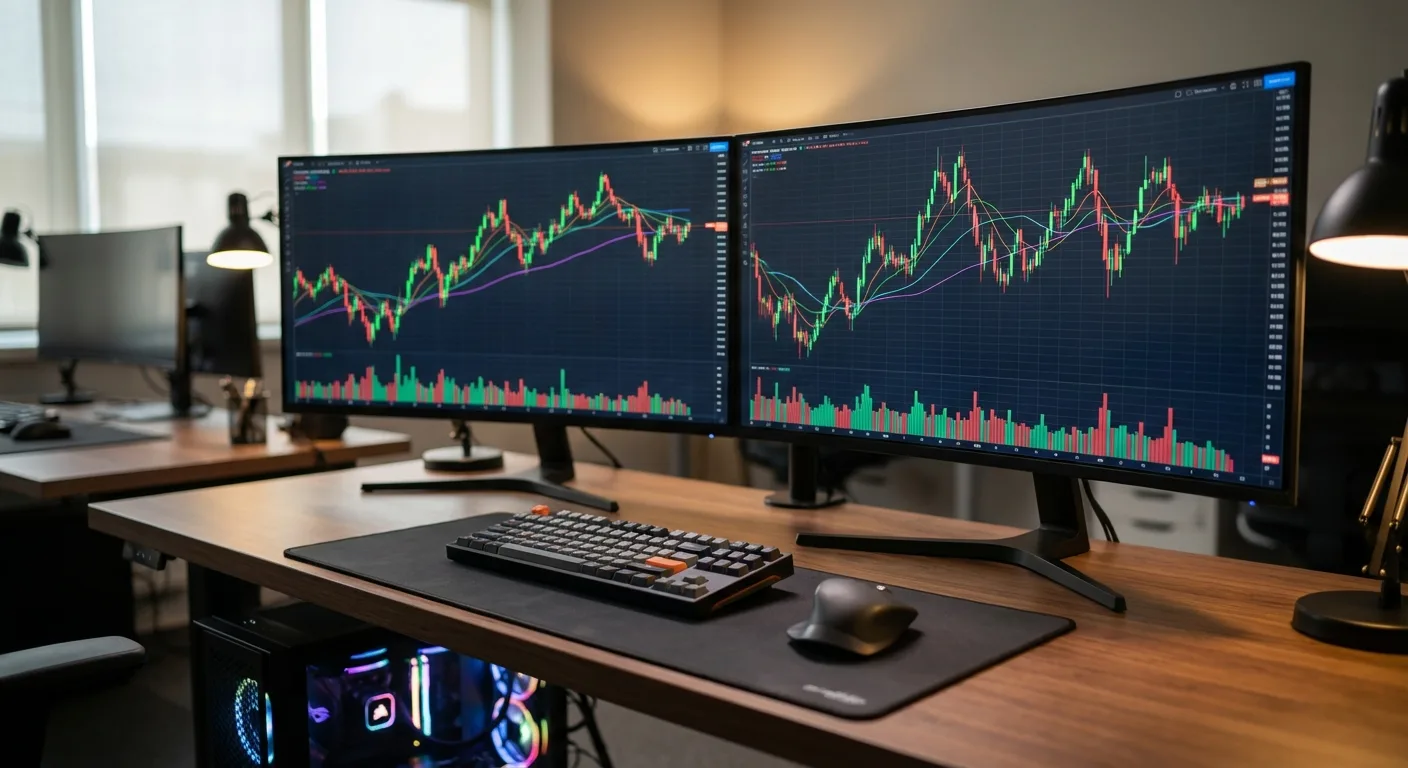 A dual monitor setup displaying financial charts on a wooden desk with a keyboard and mouse.