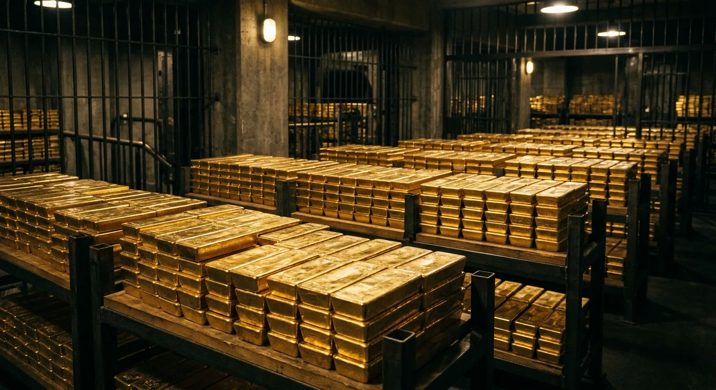 A vault filled with rows upon rows of gleaming gold bars stacked on shelves.