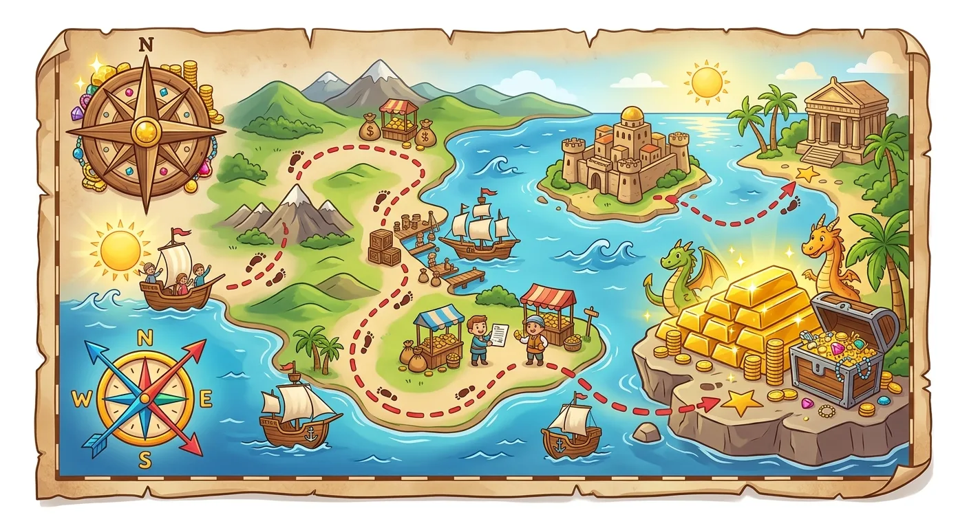 A vibrant cartoon treasure map depicting a journey across land and sea to a hoard of gold and jewels.