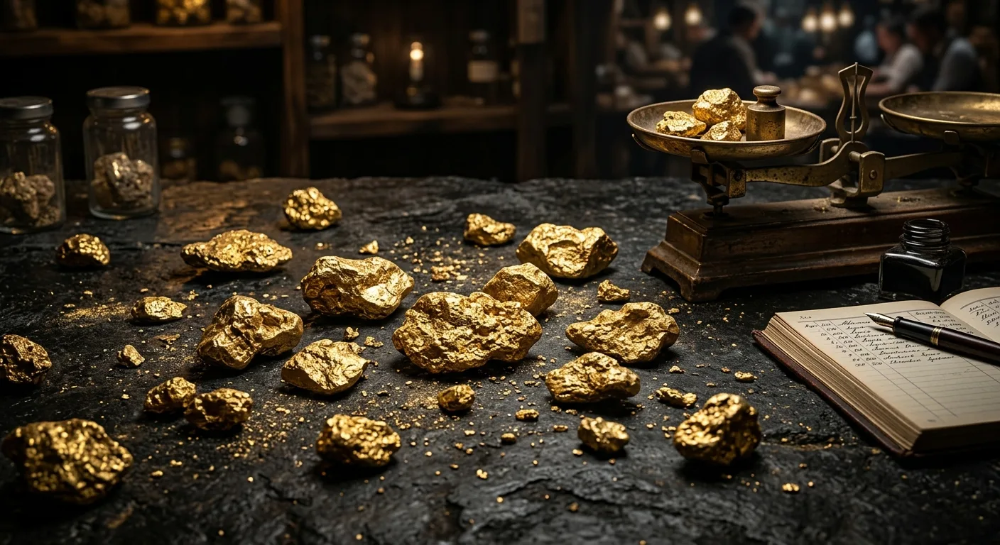 Gold nuggets scattered on a dark surface with a scale, inkwell, and ledger.