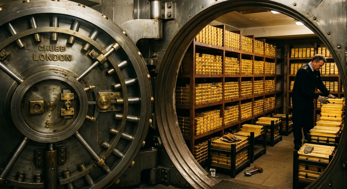 A massive vault door, marked "CHUBB LONDON," stands open to reveal a room filled with gold bars, where a man in uniform is stacking them.