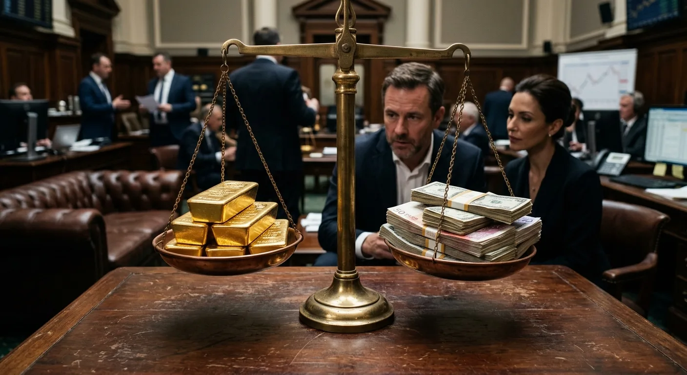 A man and woman observe a scale balancing gold bars against stacks of currency in a trading room.