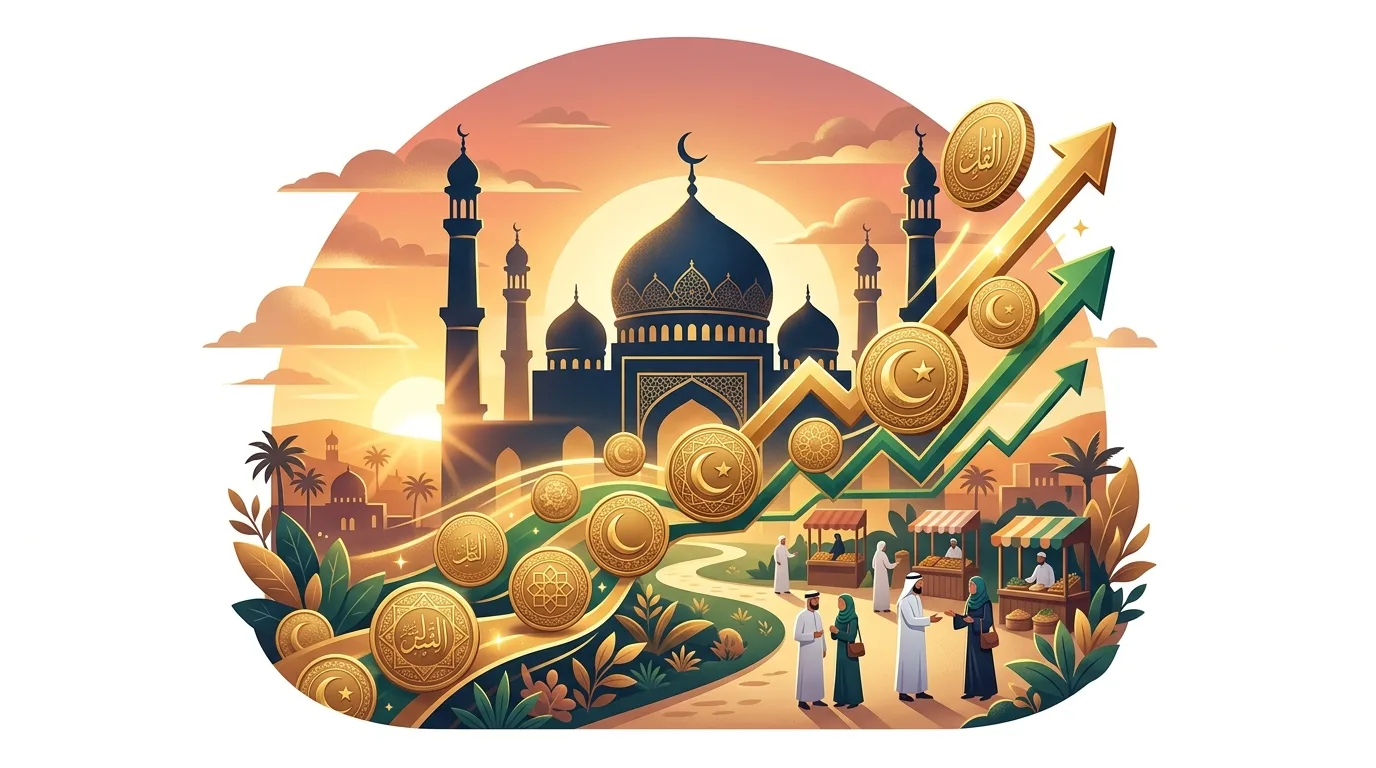 An illustration of a mosque and market scene with golden coins and upward arrows, symbolizing Islamic finance and economic growth.