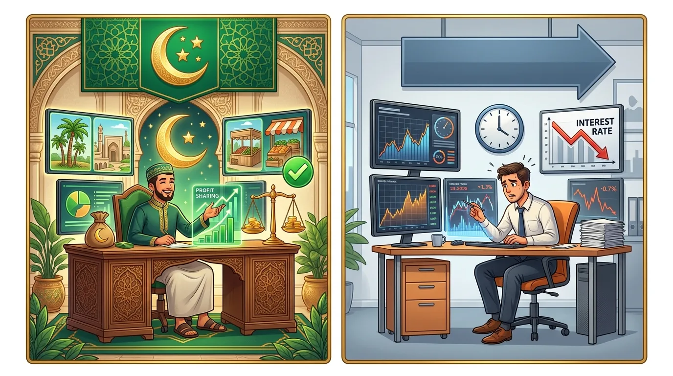 Two contrasting scenes: one depicts a happy Muslim man engaged in profit sharing, the other a stressed man reacting to a falling interest rate.
