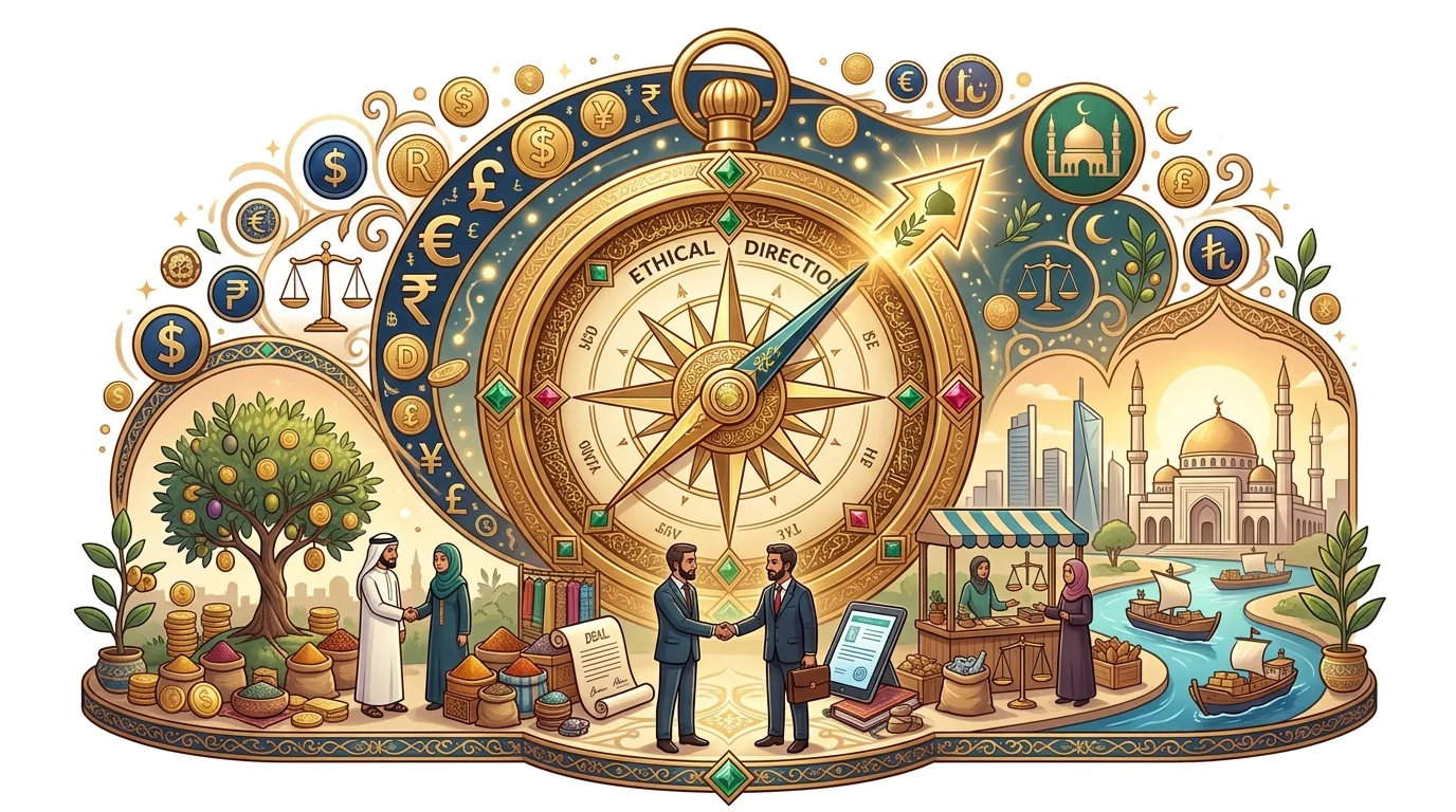 An intricate illustration depicting ethical finance and trade guided by a compass pointing to "Ethical Direction."