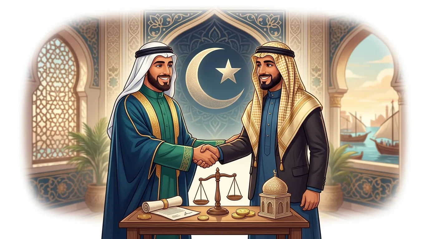Two men in traditional attire shake hands over a table with legal and financial items.