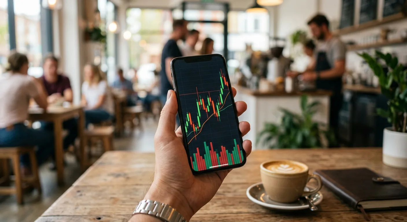 A person holds a smartphone displaying a stock chart in a bustling cafe.