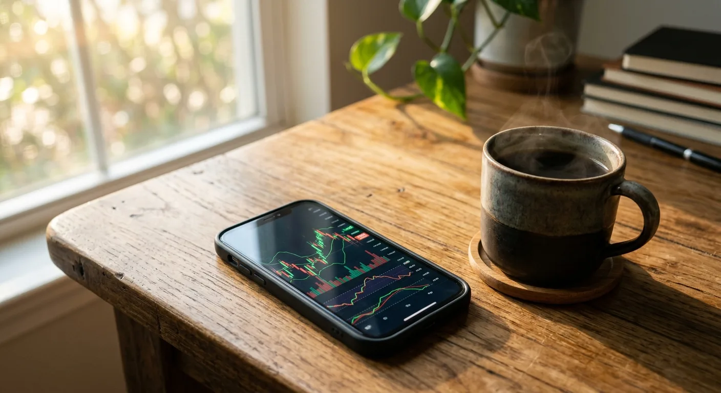 A smartphone displaying stock charts sits on a wooden table next to a steaming cup of coffee.