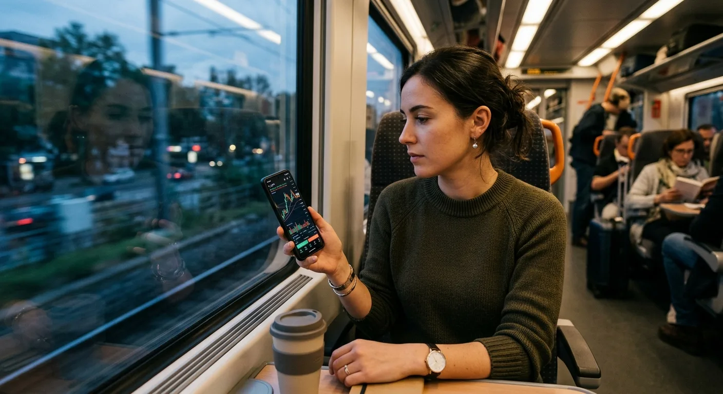 A woman on a train intently watches a trading chart on her smartphone.