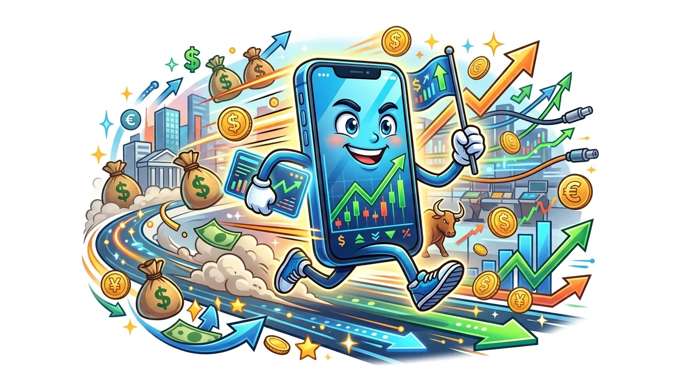 A cheerful smartphone character runs on a vibrant road, surrounded by financial symbols and growth charts.
