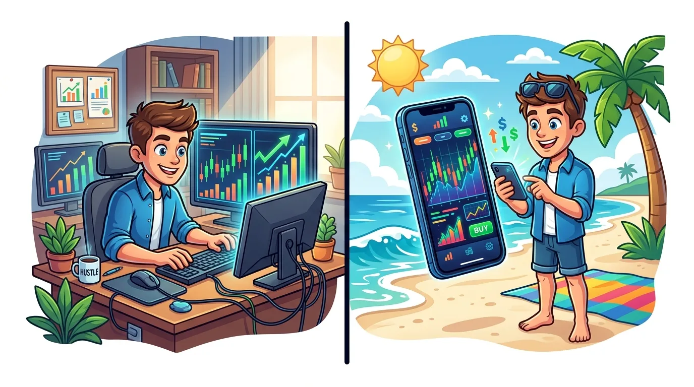 A split image showing a man trading stocks on a computer at home and on a phone at the beach.
