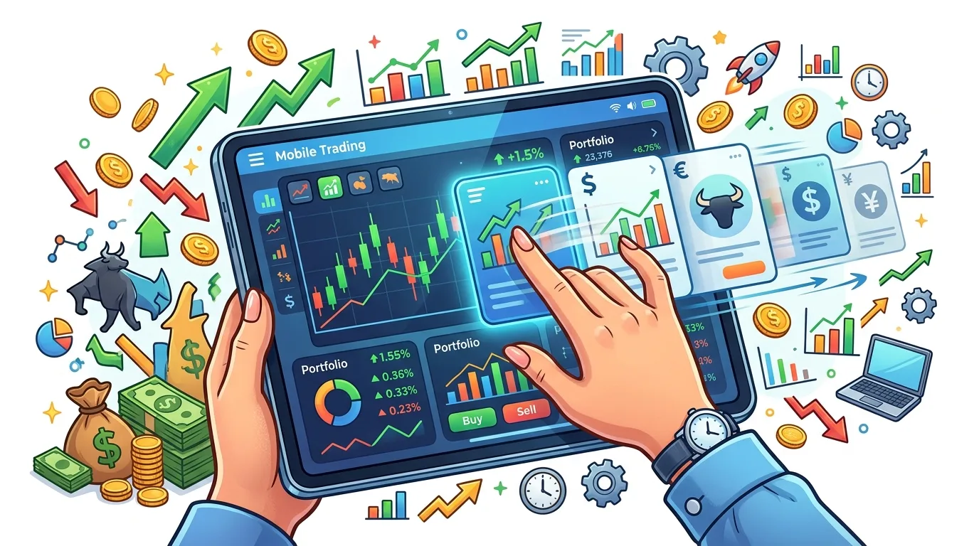 Hands interact with a tablet displaying a mobile trading app surrounded by financial symbols.