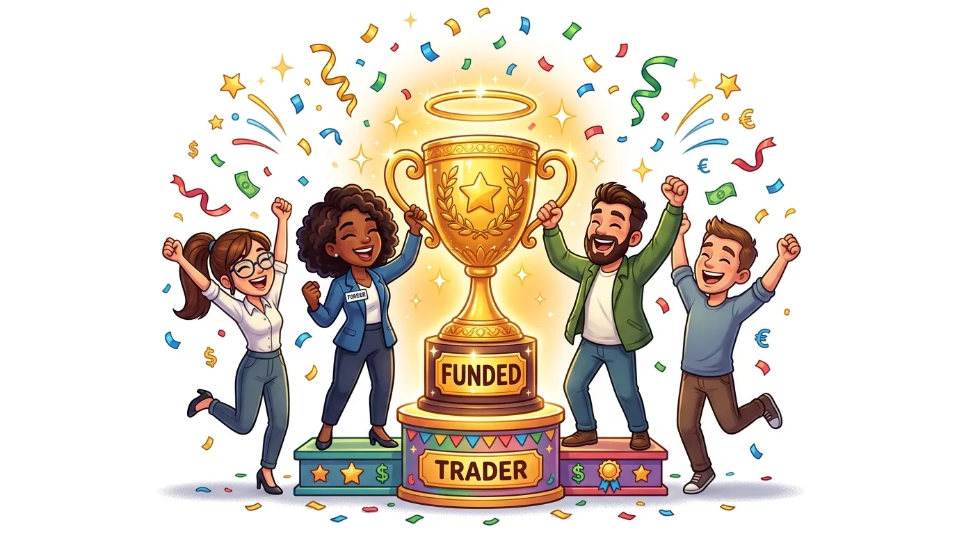Four diverse people celebrate around a golden trophy with "FUNDED TRADER" on its base, surrounded by confetti and currency symbols.