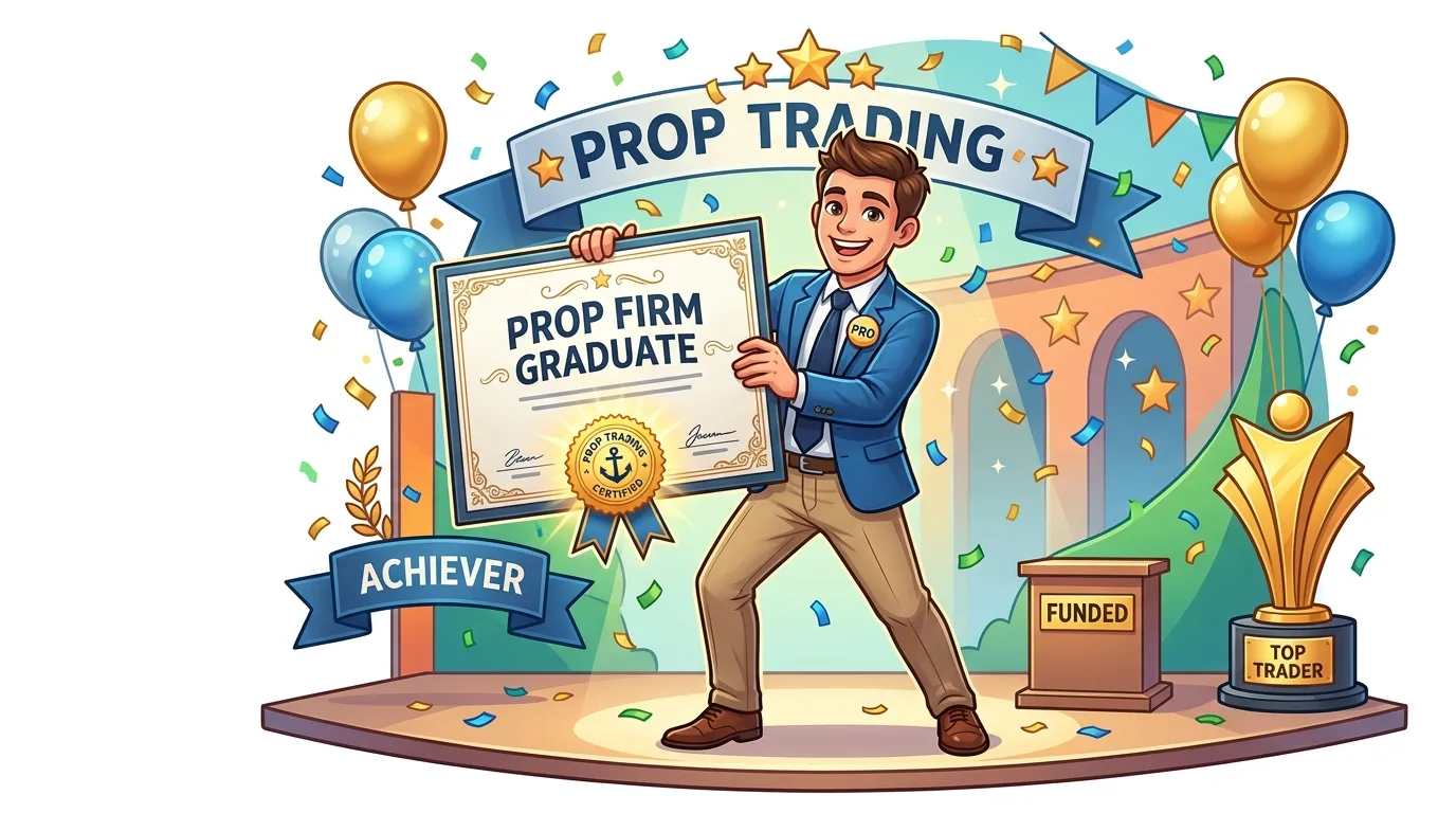 A smiling man holds a "Prop Firm Graduate" certificate on a stage with "Prop Trading" banner.