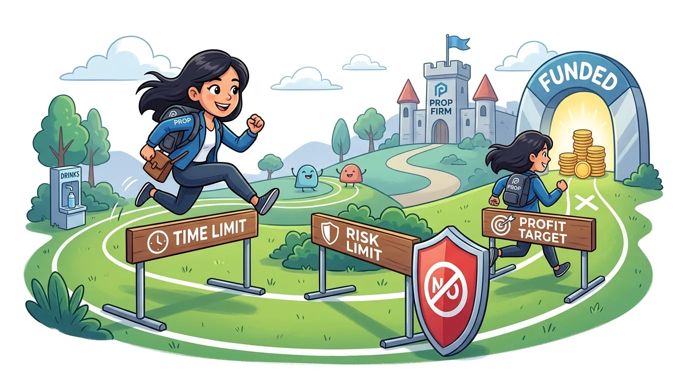 A woman navigates a track with hurdles representing trading challenges towards a 'FUNDED' goal.