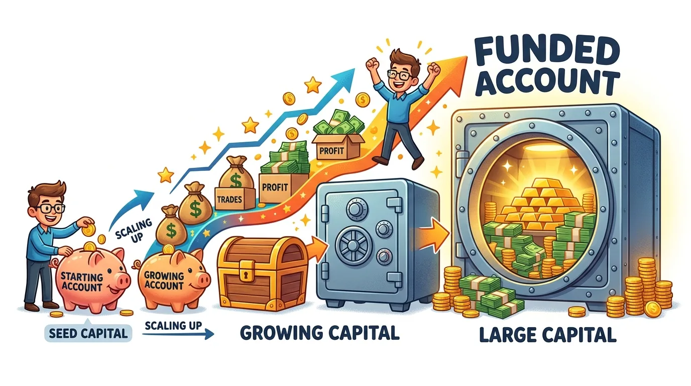 An illustration showing the progression from seed capital to a large funded account through trading and profit.