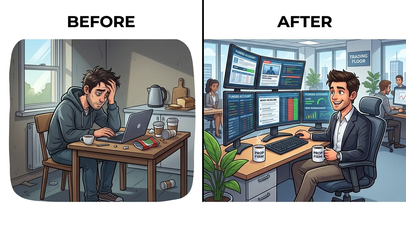A split image showing a stressed person trading from home vs. a happy person trading in an office.