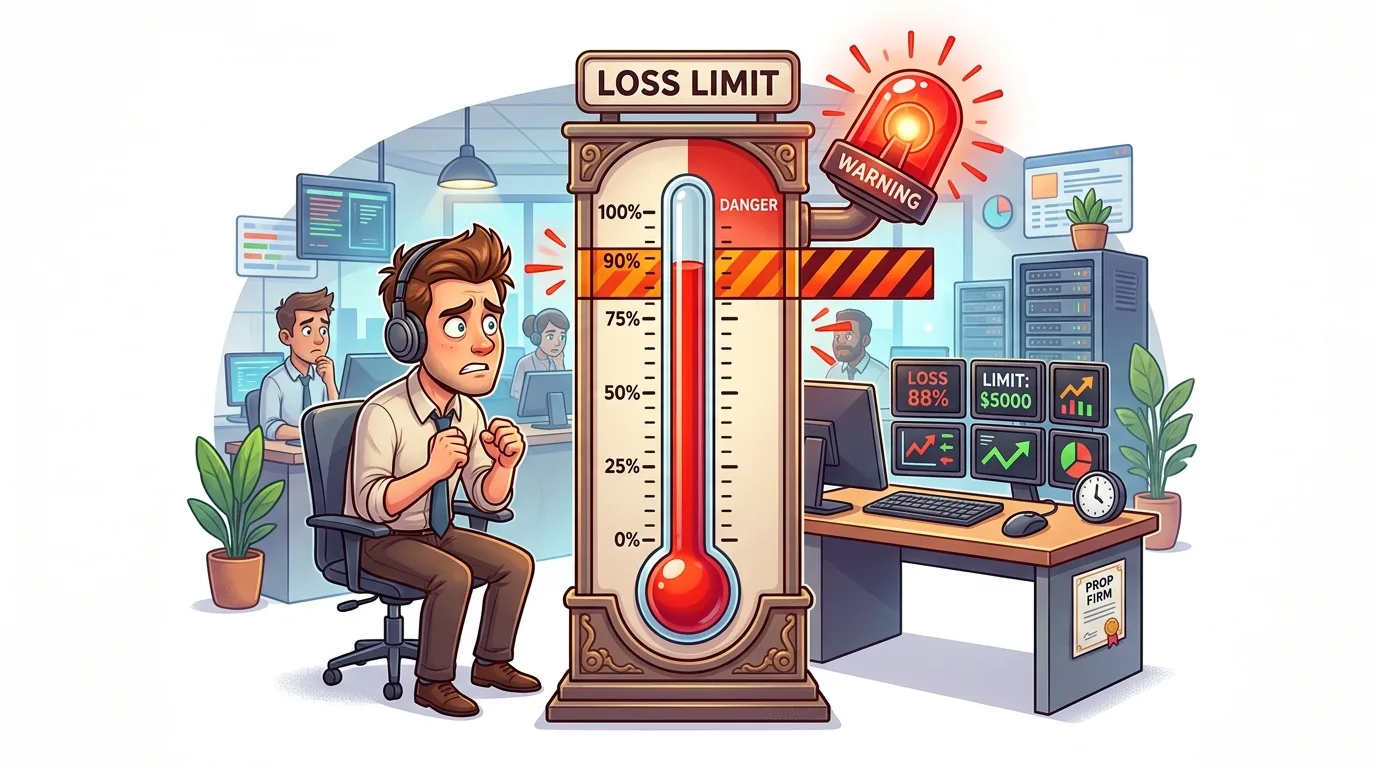 A worried trader watches a "Loss Limit" thermometer nearing 90% with a "Warning" alarm.
