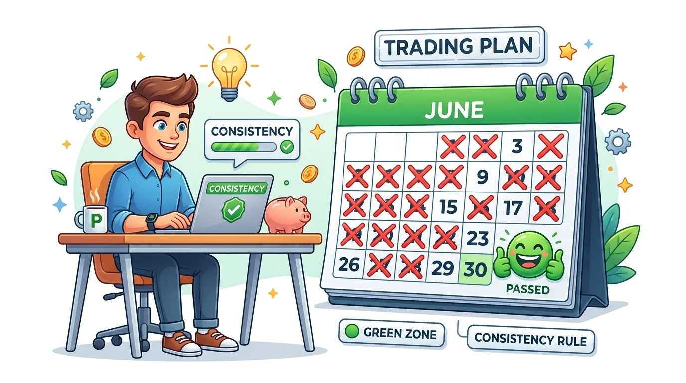 A man works on a laptop with a "Consistency" progress bar, next to a calendar marking a successful trading plan.