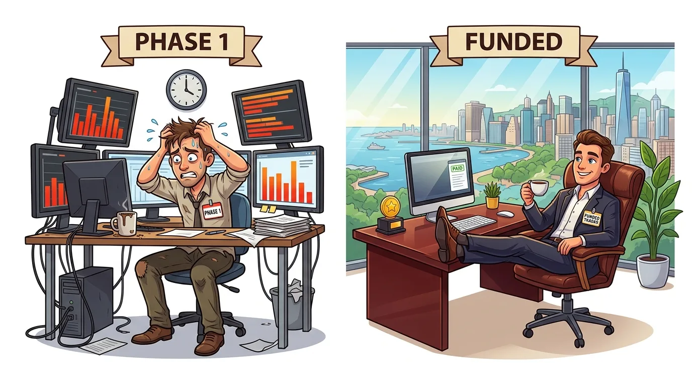 A side-by-side comparison of a stressed trader in "Phase 1" and a relaxed, "Funded" trader.