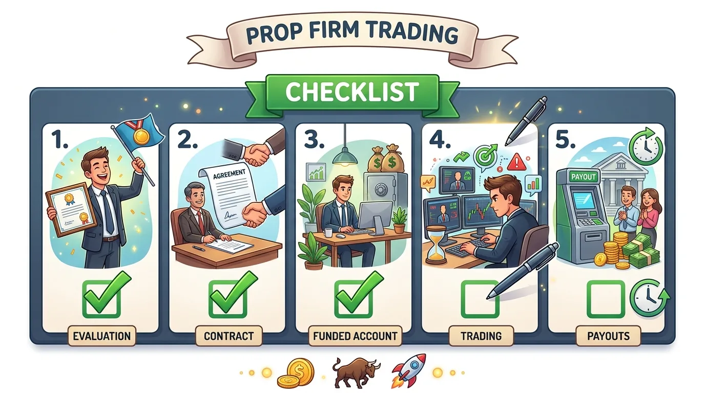A checklist illustrating the five steps of prop firm trading, from evaluation to payouts.