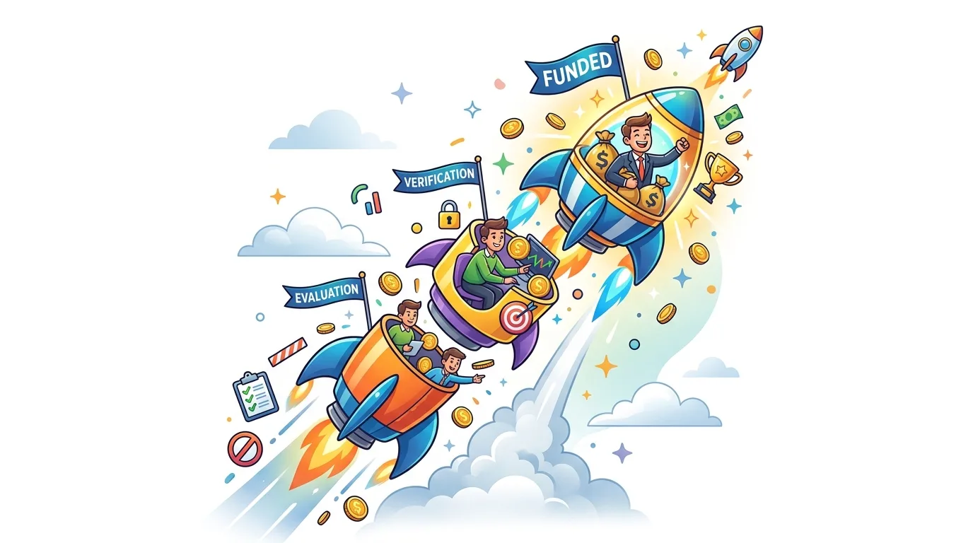 A cartoon illustration of a multi-stage rocket launch representing a business funding process.