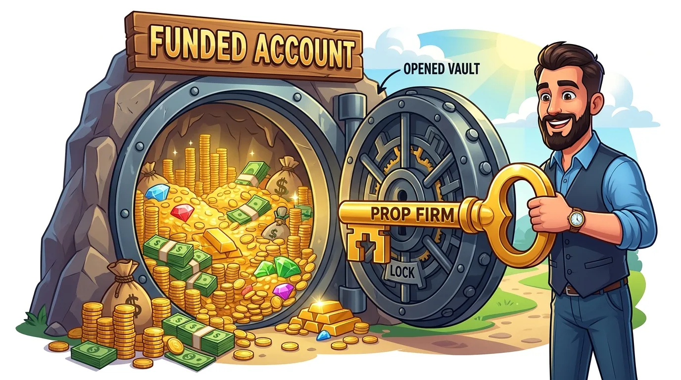 A man holds a "PROP FIRM" key to an "OPENED VAULT" with a "FUNDED ACCOUNT" full of money.