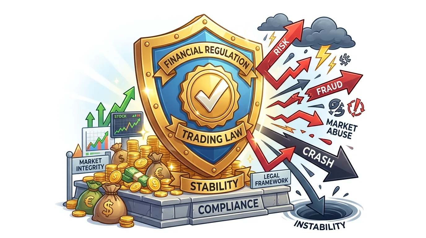 A shield representing financial regulation and trading law protects market stability from risks like fraud and crashes.