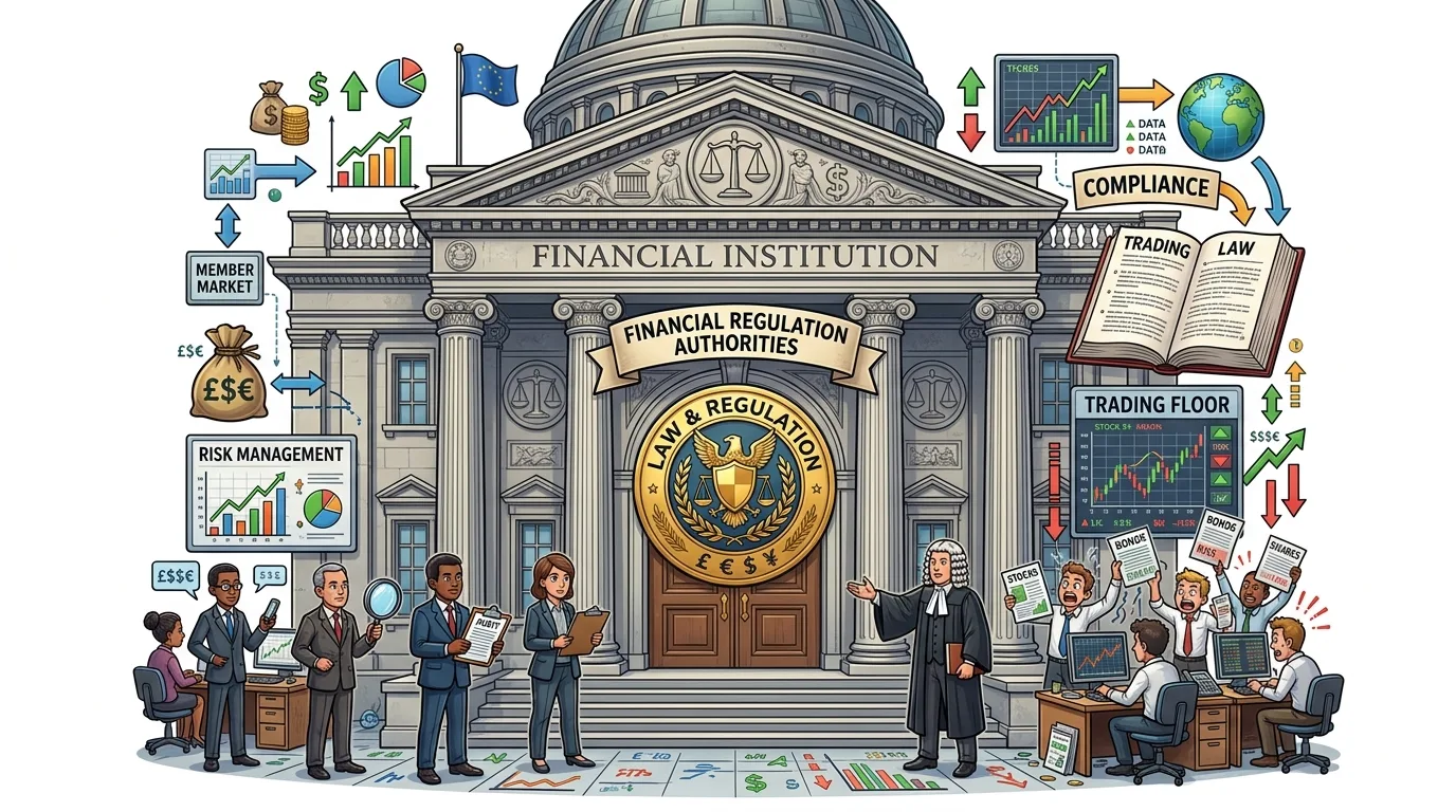 A detailed illustration of a financial institution with various elements of regulation, trading, and risk management.