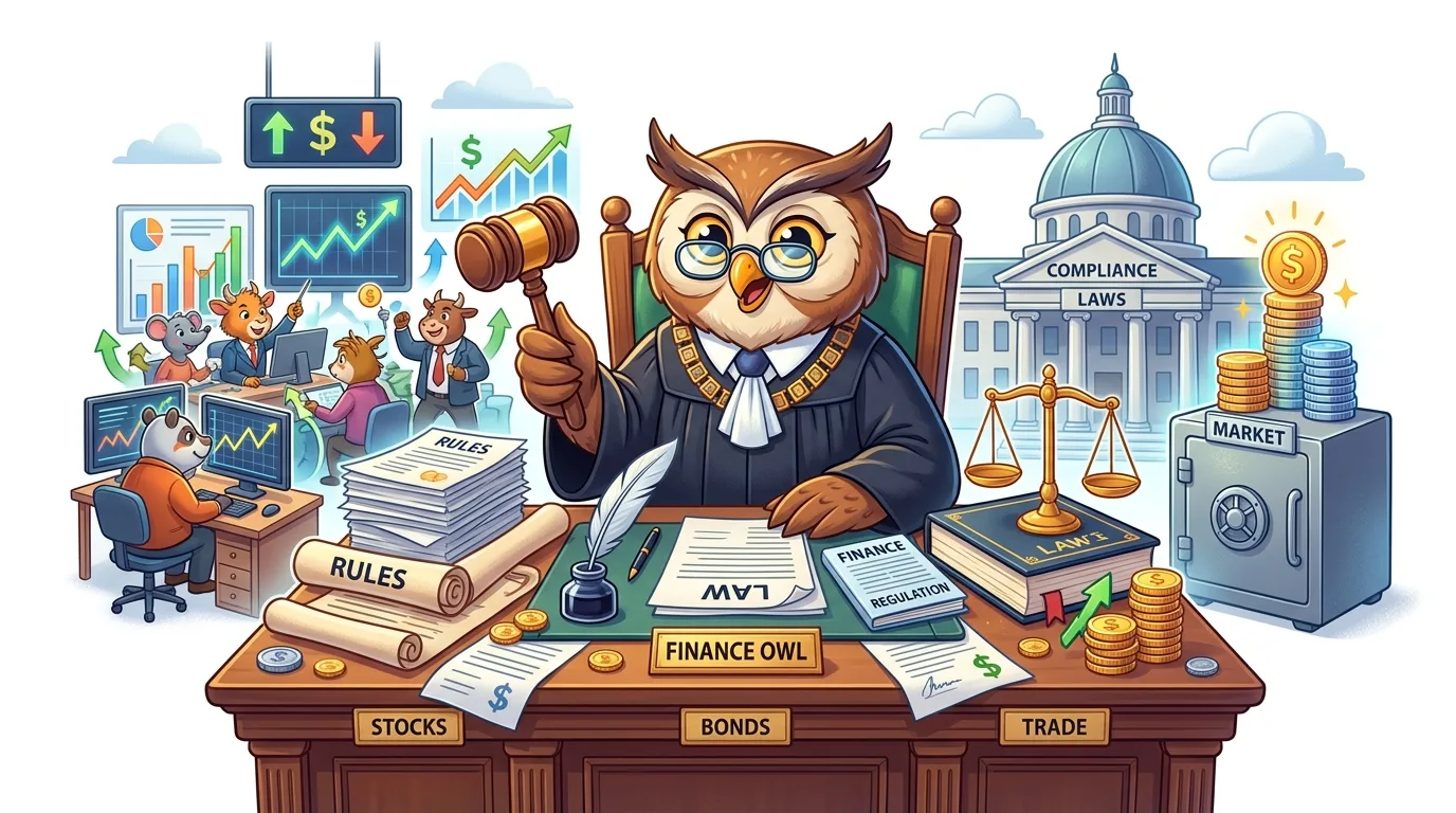 A cartoon owl judge presides over a financial scene with animal traders and compliance laws.