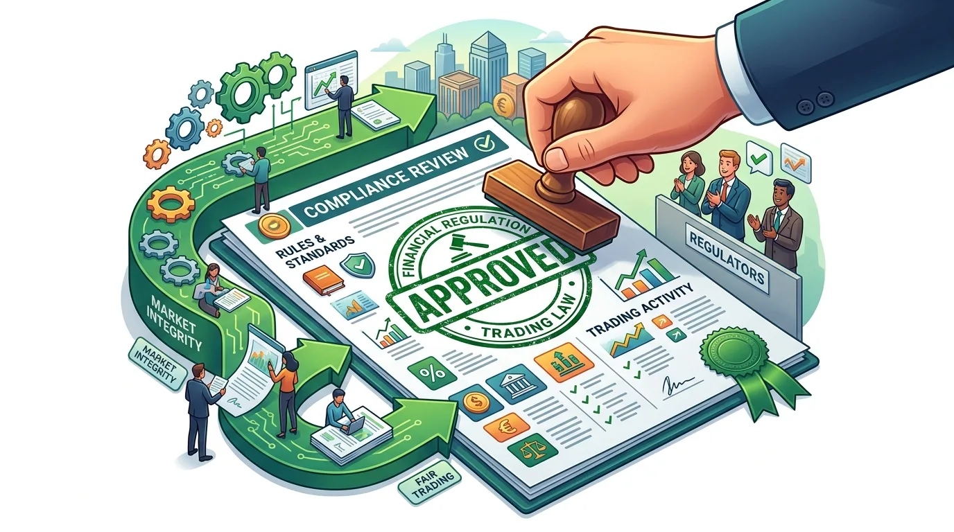 A compliance review process for financial regulation and trading law, culminating in approval.