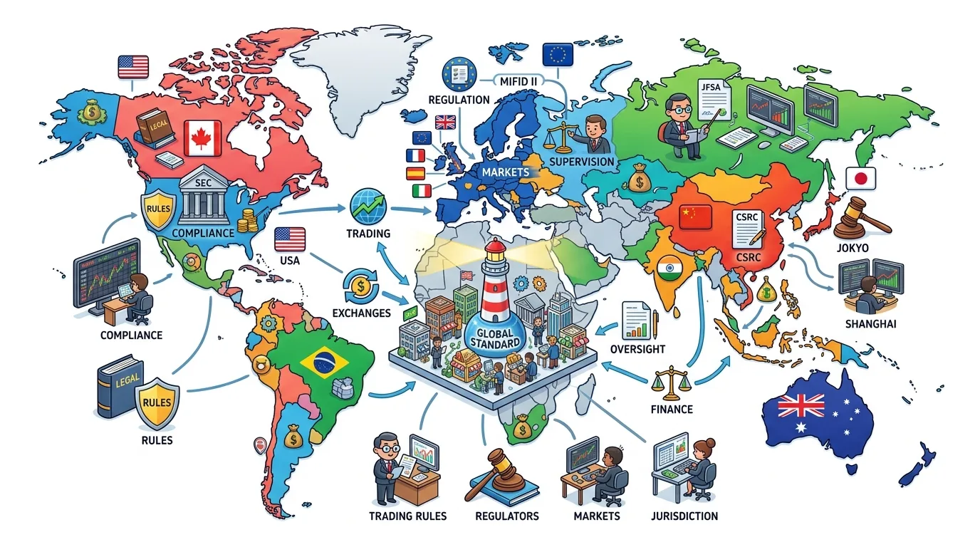 An illustrated world map showing global financial regulations, markets, and compliance across continents.