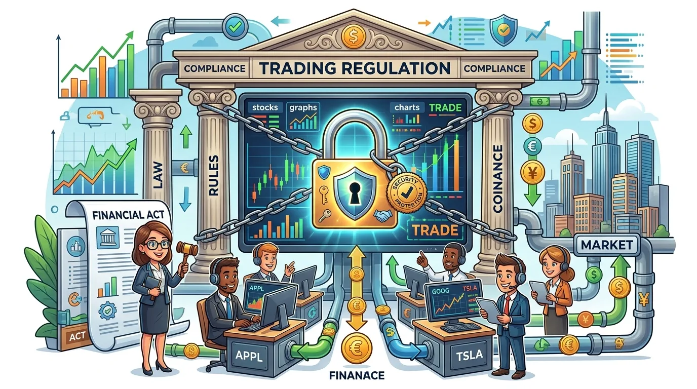 An illustration depicting the regulation and compliance of financial trading markets.