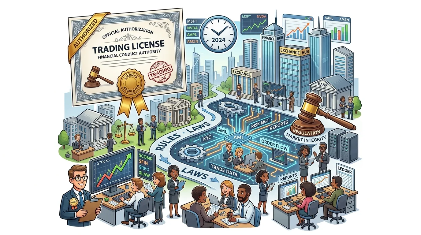 An illustration depicting the regulated financial trading ecosystem with licenses, laws, and market participants.