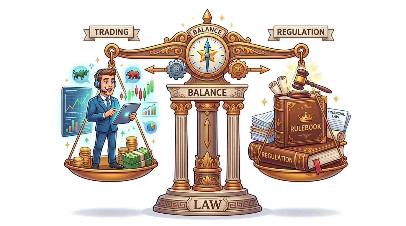 A cartoon scale balancing "Trading" (a man with charts and money) against "Regulation" (law books and a gavel), with "Law" as the base.