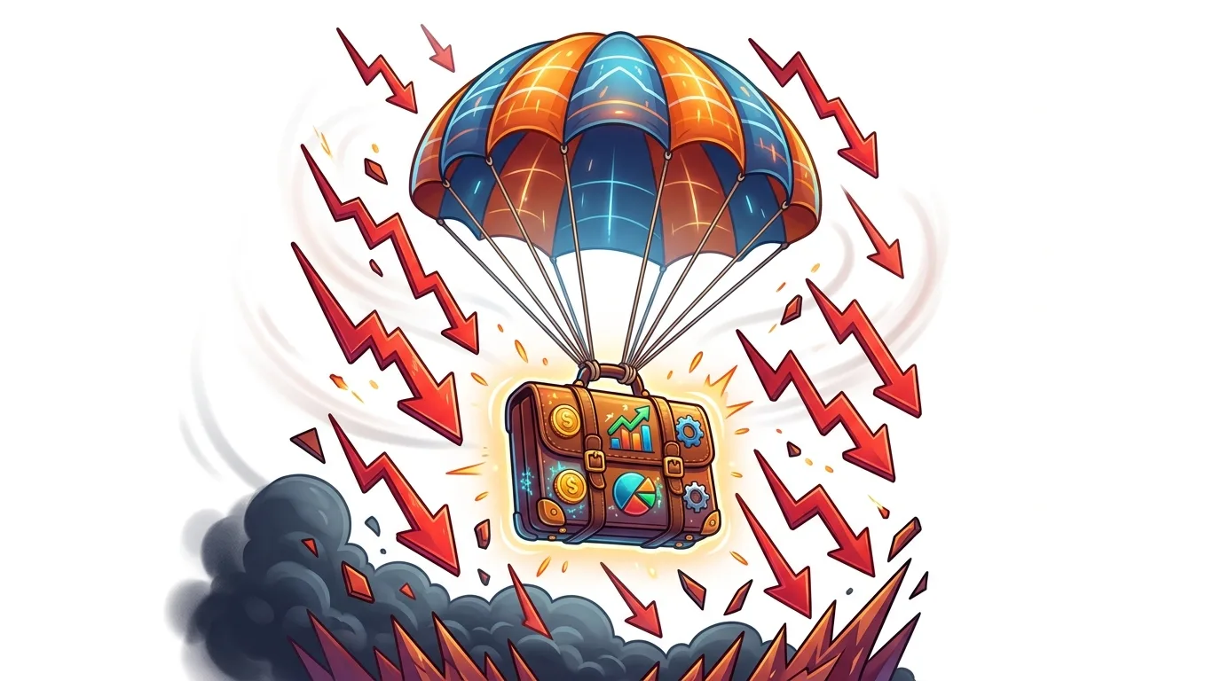 A parachute lowers a briefcase with financial symbols amidst falling red arrows and smoke.