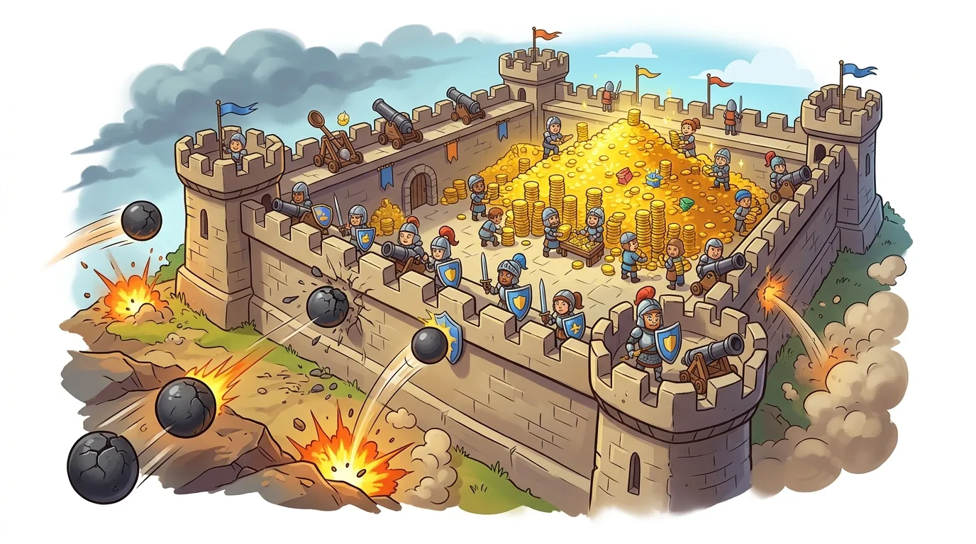 A cartoon castle under siege, with knights defending and gold piled inside.