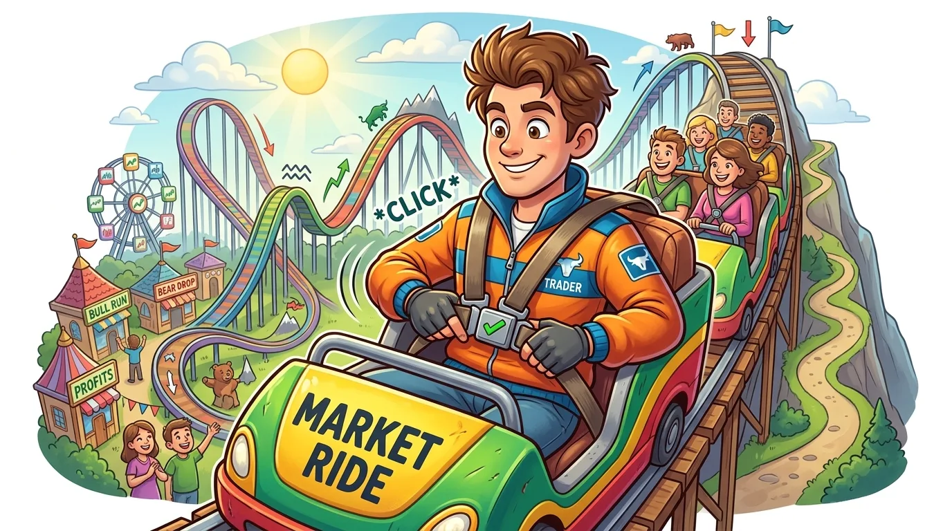 A cartoon image of people riding a "Market Ride" rollercoaster, depicting market ups and downs.
