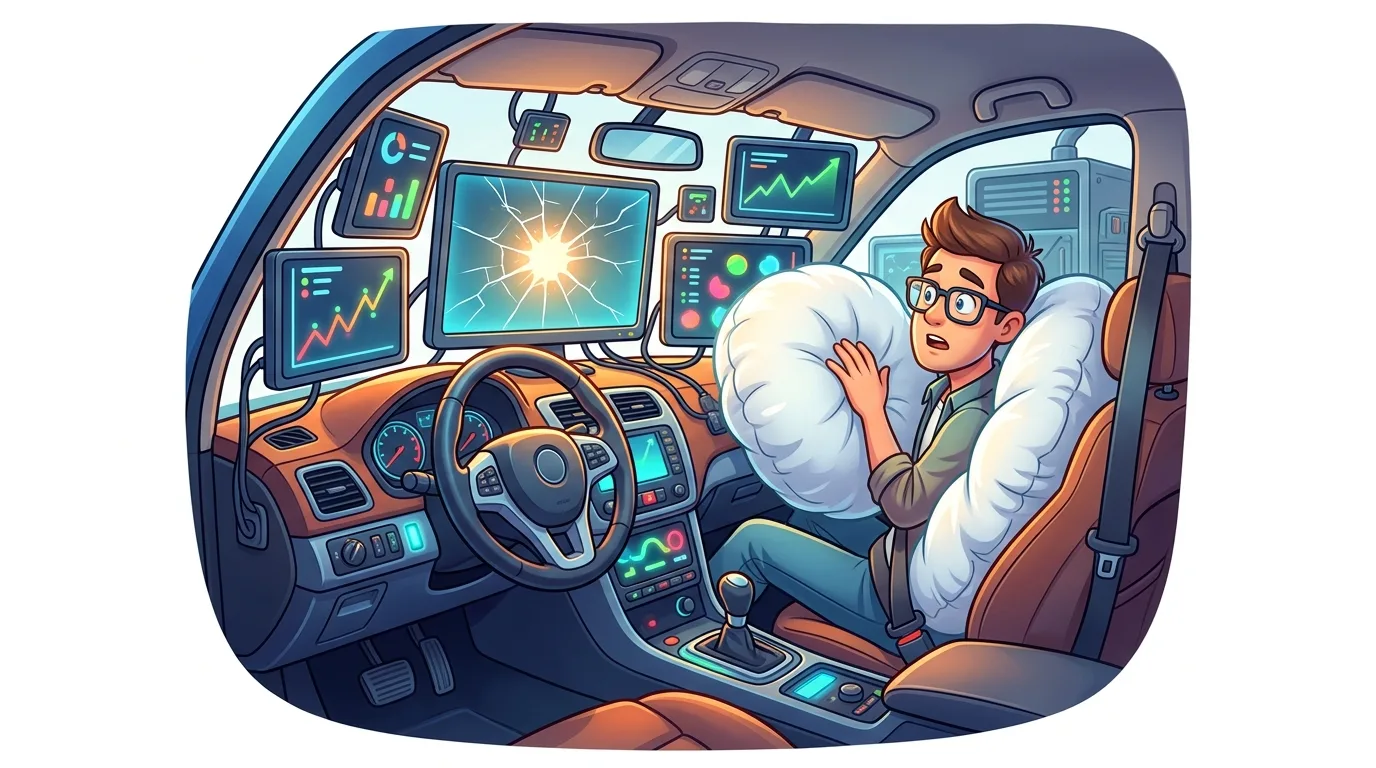 A man in a car surrounded by multiple screens showing financial data, with airbags deployed.