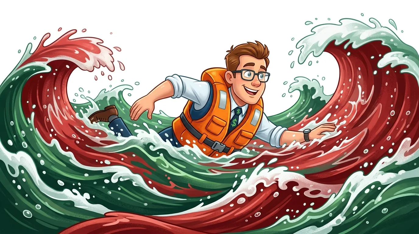 A smiling man in a life vest and business attire navigates turbulent red and green waves.