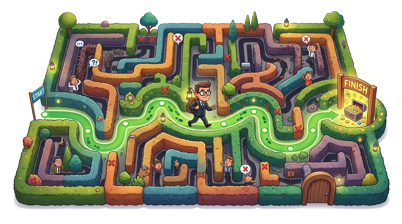 A man navigates a glowing green path through a hedge maze towards a treasure chest.