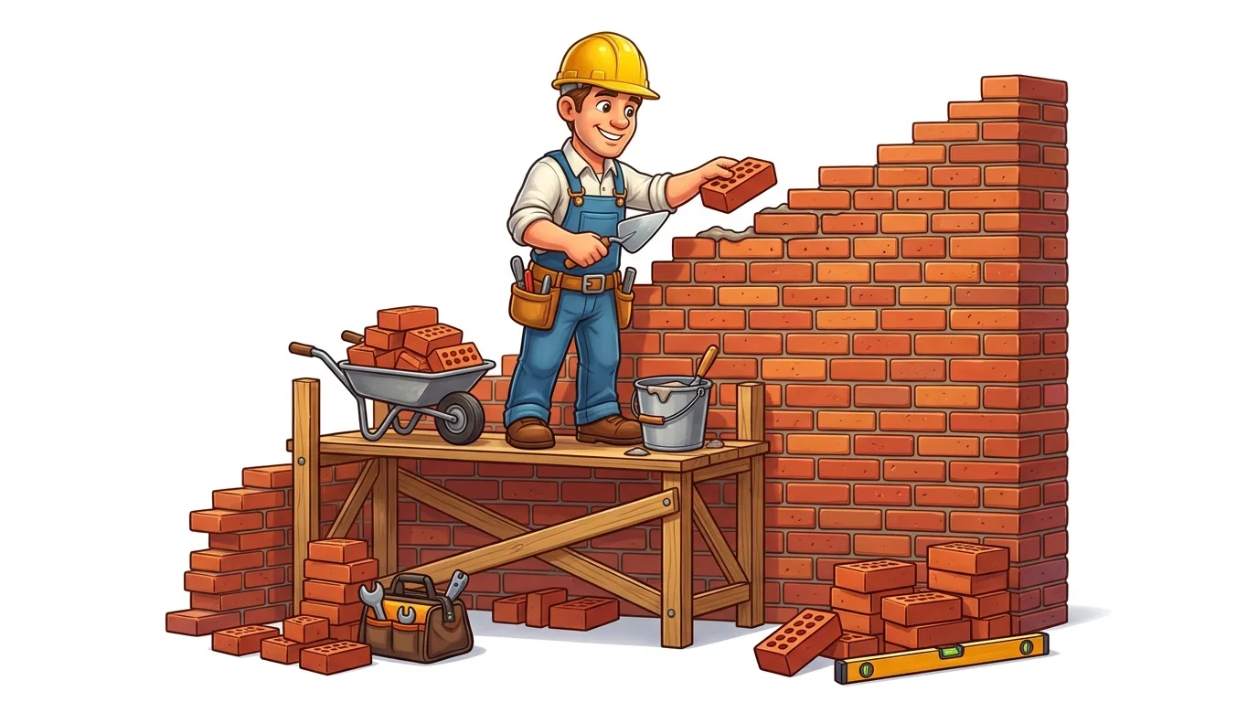 A cartoon builder in a hard hat and overalls lays bricks on a wall, surrounded by tools and materials.