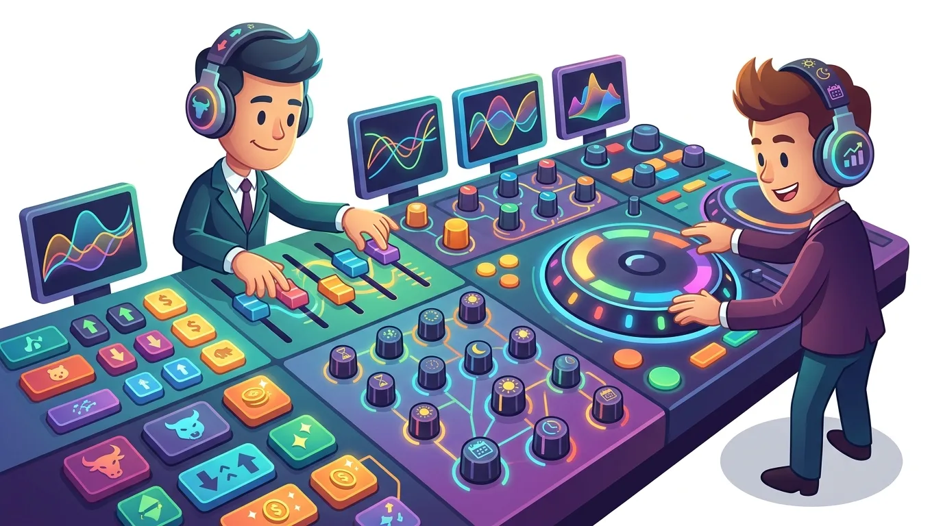 Two cartoon men, dressed in suits, operate a vibrant, futuristic trading console.