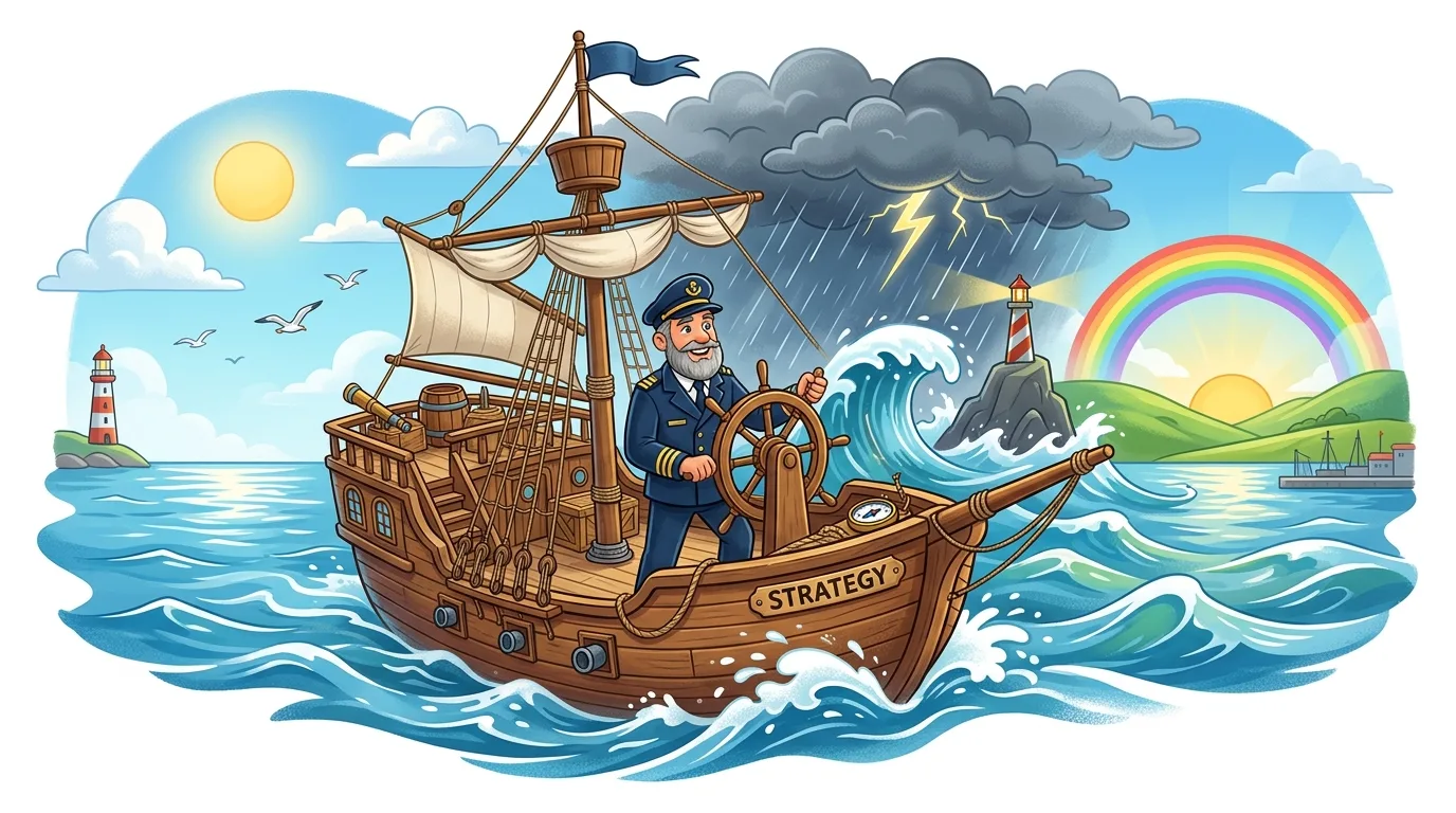 A captain steers a ship named 'STRATEGY' through calm and stormy seas towards a rainbow.