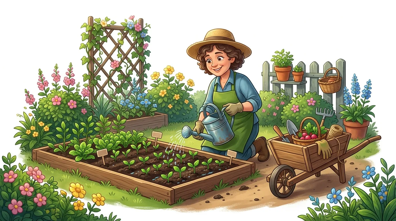 A cheerful gardener waters plants in a vibrant garden with a wheelbarrow of tools.