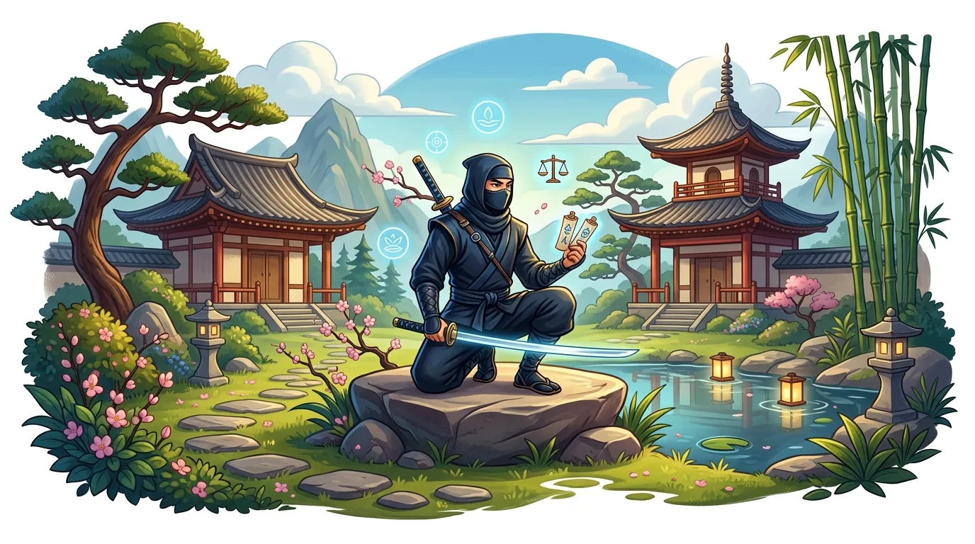 A ninja in a traditional Japanese garden holds scrolls, surrounded by temples and nature.