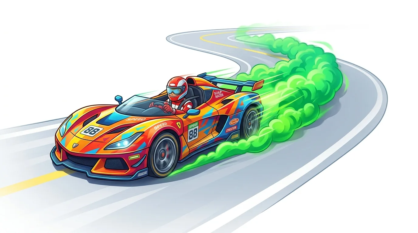 A vibrant cartoon race car with a driver, speeding on a winding road with green smoke.