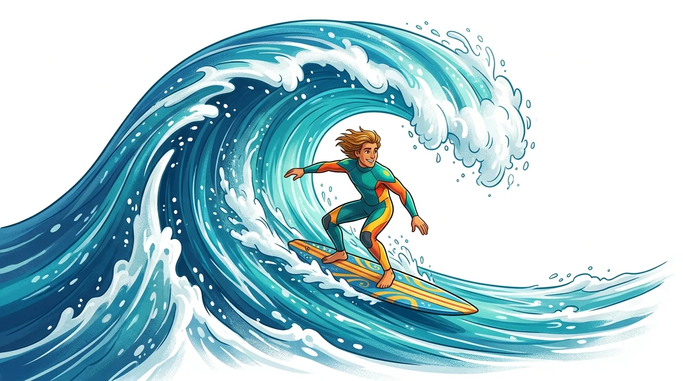 A cartoon surfer in a wetsuit rides a large blue and white wave.