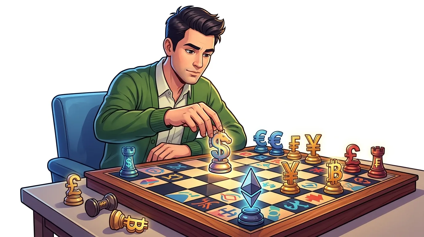 A man plays chess with currency symbols as pieces, including traditional and cryptocurrencies.